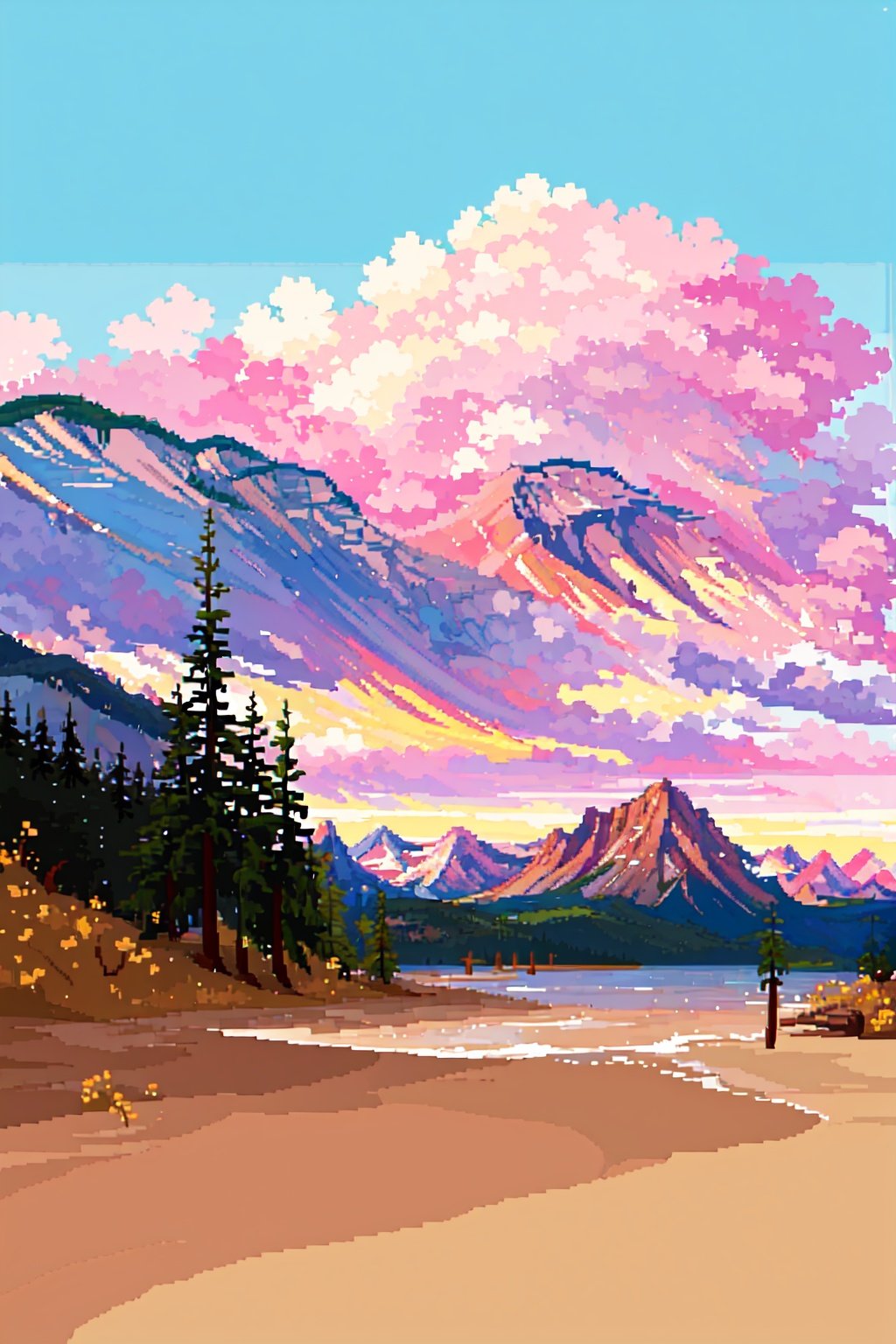 masterpiece, best quality,pixel art,  <lora:Pix:1>,no_humans,mountain