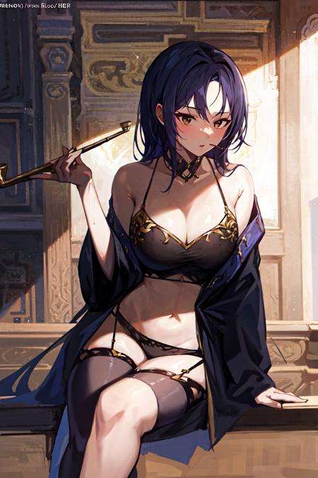 masterpiece, best quality, 1girl,holding smoking pipe, smoking pipe,  <lora:Smokepipe:1>,black thighhighs, sitting