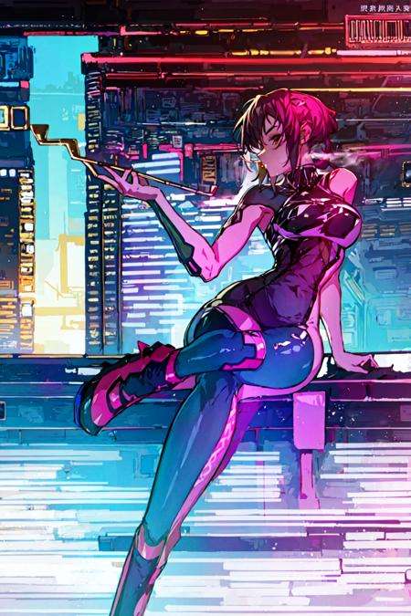 masterpiece, best quality, 1girl,holding smoking pipe, smoking pipe,  <lora:Smokepipe:1>,black thighhighs,  <lora:Cyberpunk-000014:1>cyberpunk