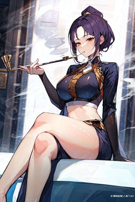 masterpiece, best quality, 1girl,holding smoking pipe, smoking pipe,  <lora:Smokepipe:1>,smoking,crossed legs,   <lora:Shinyskin:0.3>