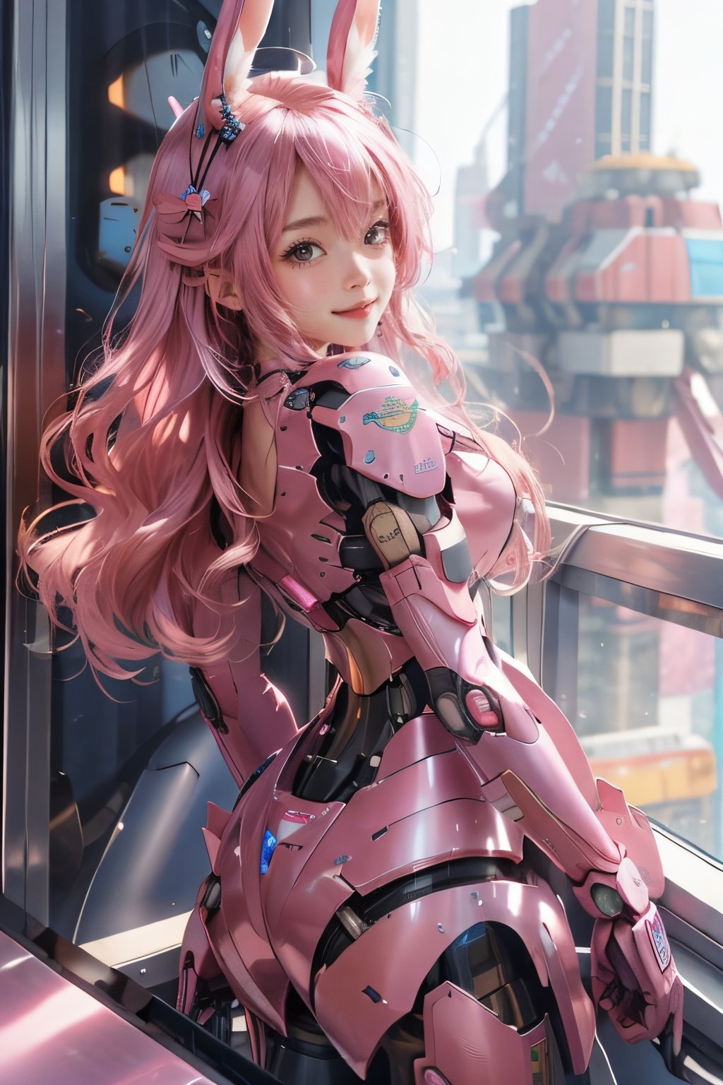 Future city, Sky High, girl, stand in front of the train,locomotive,  Mecha :1.2,Pink Mecha,Dragon ear,Rabbit ear,Honey Mecha,Mecha,1girl