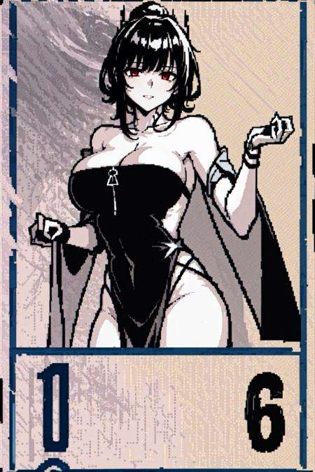 masterpiece, best quality, card,monochrome, <lora:Card-000016:0.6>,1girl,english text,   <lora:Hanying2:0.6>,dress,cape,large breasts, red eyes