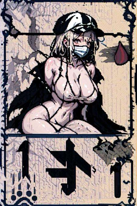 masterpiece, best quality, card,monochrome, <lora:Card-000016:0.8>,  <lora:EIS:0.6>mask,cap,large breasts, 