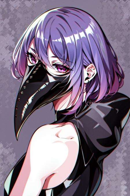 masterpiece, best quality, 1girl, <lora:GreyMask:1>,plague doctor mask, hood,purple eyes,  <lora:Pluna:0.6>bodysuit