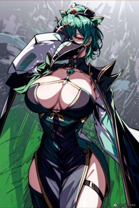 masterpiece, best quality, 1girl, <lora:GreyMask:1>,plague doctor mask,  <lora:Hanying2:0.6>dress,red eyes,cape,green hair,large breasts, 