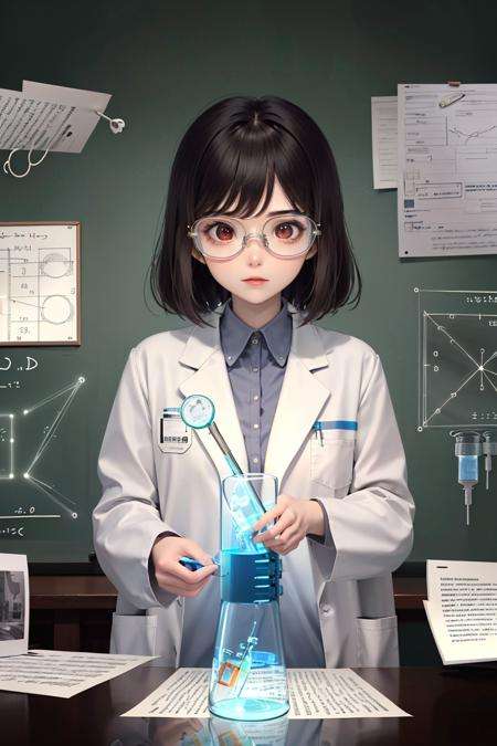 <lora:hipoly_3dcg_v7-epoch-000012:0.5>,masterpiece, best quality,1girl,  Scientist, Wearing lab coat, safety goggles or glasses, holding scientific equipment like a beaker or test tube, laboratory background, scientific diagrams or formulas on a chalkboard or paper,rim lighting, side lighting, cinematic light, ultra high res, 8k uhd, film grain,best shadow, delicate, RAW, light particles,detailed skin texture, detailed cloth texture,  beautiful detailed face, intricate details, ultra detailed