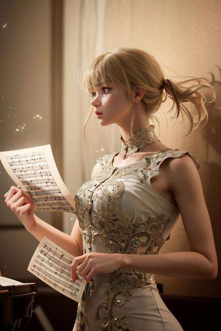 <lora:hipoly_3dcg_v7-epoch-000012:0.5>, 3d, realistic, masterpiece, best quality,1girl,   Musician,Holding an instrument, passionate expression, sheet music, stage or practice room background, musical notes floating around,rim lighting, side lighting, cinematic light, ultra high res, 8k uhd, film grain,best shadow, delicate, RAW, light particles,detailed skin texture, detailed cloth texture,  beautiful detailed face, intricate details, ultra detailed