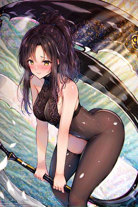 masterpiece, best quality, 1girl,(((scythe))),((holding_scythe)) <lora:Shinyskin:1> <lora:Scythe:0.6>,down,black legwear