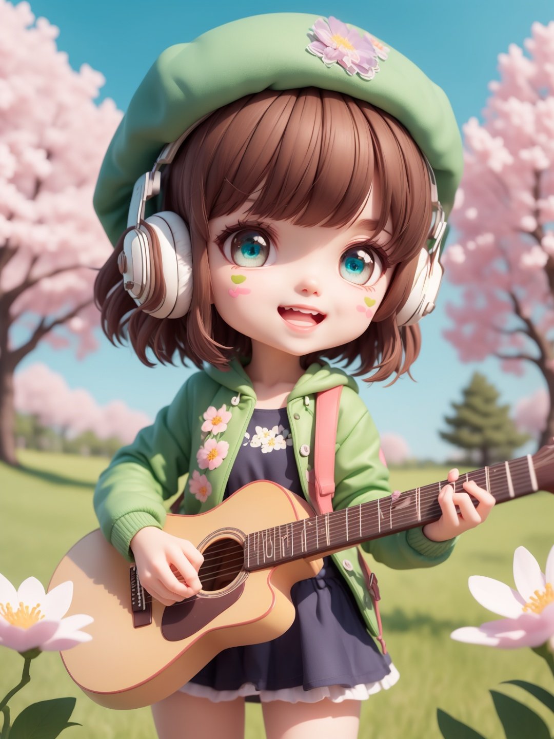 (masterpiece),(best quality),(ultra-detailed), (full body:1.2),
1girl,chibi,cute, smile, open mouth,
flower, outdoors, playing guitar, music, beret, holding guitar, jacket, blush, tree, :3, shirt, short hair, cherry blossoms, green headwear, blurry, brown hair, blush stickers, long sleeves, bangs, headphones, black hair, pink flower,
(beautiful detailed face), (beautiful detailed eyes),