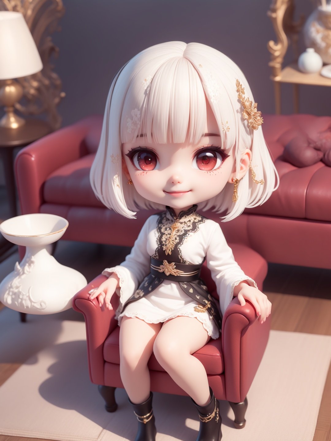 (masterpiece),(best quality),(ultra-detailed), (full body:1.2), 1girl,chibi,cute, smile, white Bob haircut, red eyes, earring, white shirt,black skirt, lace legwear, (sitting on red sofa), seductive posture, smile, A sleek black coffee table sits in front of the sofa and a few decorative items are placed on the shelves, (beautiful detailed face), (beautiful detailed eyes),