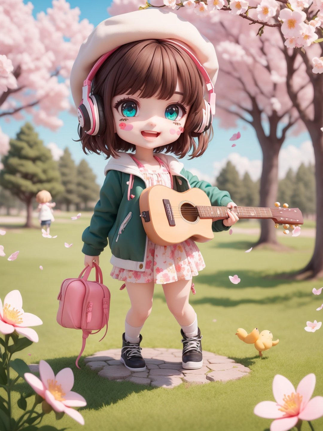 (masterpiece),(best quality),(ultra-detailed), (full body:1.2), 1girl,chibi,cute, smile, open mouth, flower, outdoors, playing guitar, music, beret, holding guitar, jacket, blush, tree, :3, shirt, short hair, cherry blossoms, green headwear, blurry, brown hair, blush stickers, long sleeves, bangs, headphones, black hair, pink flower, (beautiful detailed face), (beautiful detailed eyes),