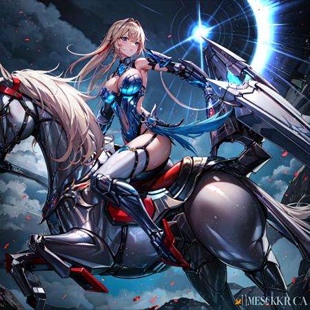 masterpiece, best quality,1girl, horse,horseback riding, riding,knight,<lora:Horse:0.6>,upper body,mecha, <lora:PAS:0.6>,spread legs,light particles, 