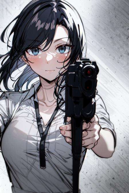 masterpiece, best quality, 1girl, <lora:Gun:1>,gun,holding_gun,looking at viewer, 