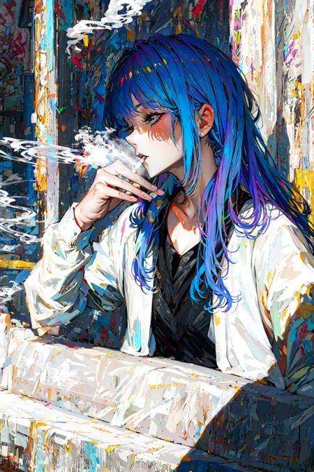 masterpiece,best best quality, 1girl,<lora:Cyber-000010:1>, <lora:Smoking:1>,smoke,smoking