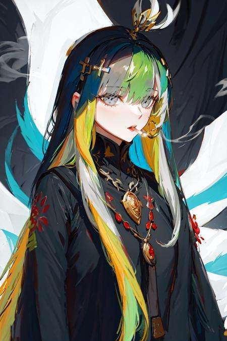 masterpiece,best best quality, 1girl, <lora:Smoking:0.8>,(smoke,smoking), looking at viewer,water,wave,bangs, eyebrows_visible_through_hair, green_hair,  grey_eyes, hair_between_eyes, hair_ornament, long_hair, looking_at_viewer, multicolored_hair,  solo,jewelry,<lora:Qu:0.6>