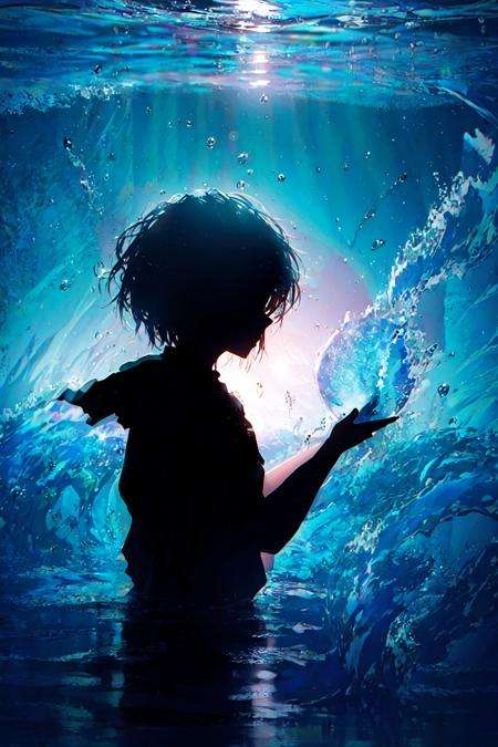 masterpiece, best quality, 1girl, <lora:Silhouette:1>,Silhouette,light particles, water,water drop, underwater,solo