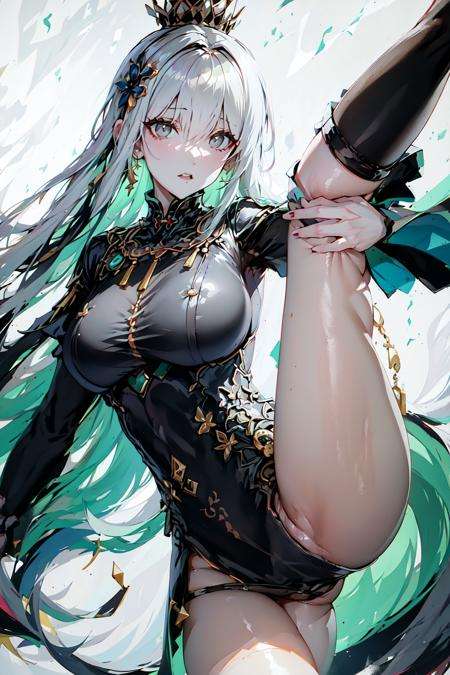 masterpiece,best quality,1girl,large_breasts, ((leg_lift, leg_up)), standing, bangs, close-up, closed_mouth, eyebrows_visible_through_hair, green_hair, grey_background, grey_eyes, hair_between_eyes, hair_ornament, long_hair, looking_at_viewer, multicolored_hair, pants,  <lora:Highlegs:1>, <lora:Qu:0.6>