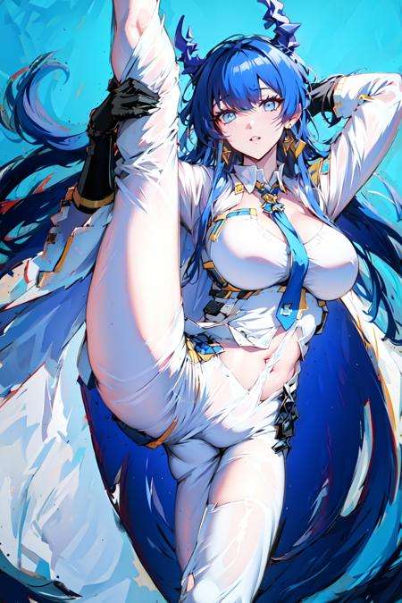 masterpiece,best quality,1girl,large_breasts, ((leg_lift, leg_up)), standing, bangs, breasts, black_gloves, blue_eyes, blue_hair, earrings, horns, jacket, jewelry, long_hair, long_sleeves,, necktie, official_alternate_costume,shirt, solo, white_shirt <lora:Ling:0.6>, pants,  <lora:Highlegs:1>,