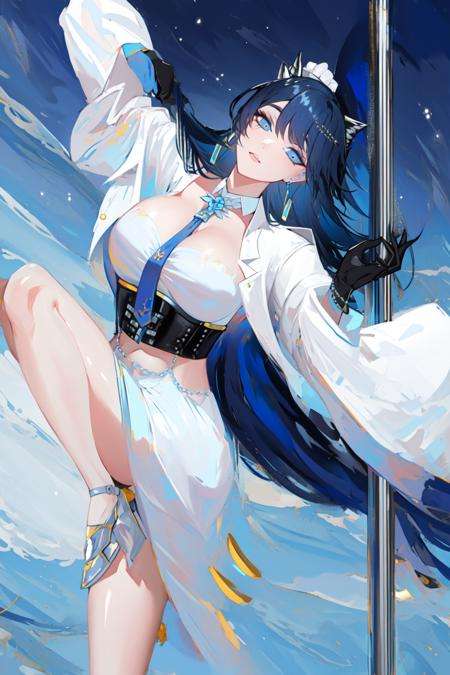 masterpiece, best quality, 1girl,pole dancing,<lora:Pole_Dancing:1>,1girl,  black_gloves, blue_eyes, blue_hair, earrings, gloves,  horns, jacket, jewelry, long_hair, long_sleeves,, necktie, official_alternate_costume,shirt, solo, white_shirt <lora:Ling:0.6>