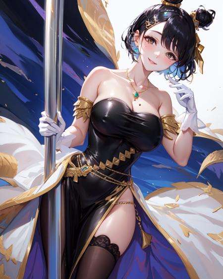 masterpiece, best quality, 1girl,pole dancing, standing, <lora:Pole_Dancing:0.8>,(girl), bangs, bare_shoulders, black_hair, big breasts, cape, cleavage, collarbone,green dress, gloves,  hair_bun, hair_ornament, hair_stick, jewelry, mole, necklace, smile, solo, thighhighs,