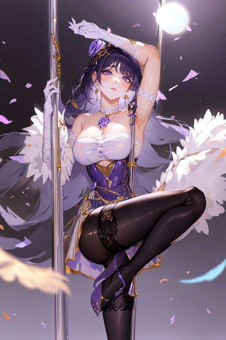 masterpiece, best quality, 1girl,pole dancing,<lora:Pole_Dancing:1>,1girl, bandaged_arm, closed_mouth,gloves, long_hair, pantyhose, purple_eyes, rose, solo, thigh_strap, thighband_pantyhose,