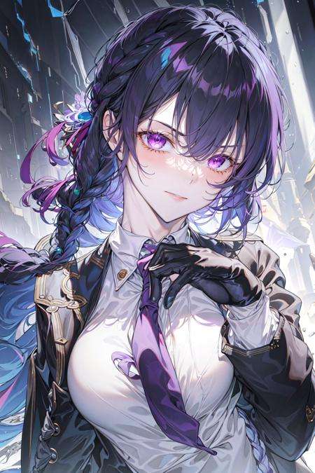 masterpiece, best quality, 1girl, bangs, black_gloves, braid, breasts, eyebrows_visible_through_hair, gloves, jacket, letterboxed, long_hair, looking_at_viewer, necktie, purple_eyes, rain, shirt, solo, upper_body, white_shirt <lora:LightLine-000010:0.6>,  <lora:Hanying:0.5>