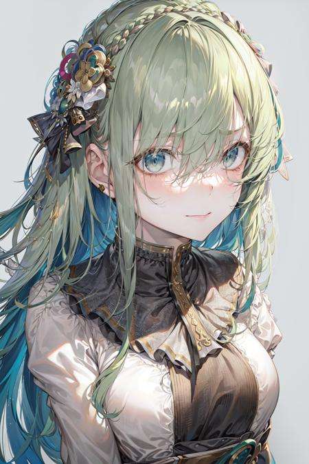 masterpiece, best quality, 1girl, bangs, close-up, closed_mouth, eyebrows_visible_through_hair, green_hair, grey_background, grey_eyes, hair_between_eyes, hair_ornament, long_hair, looking_at_viewer, multicolored_hair, full body, <lora:LightLine-000010:0.5>