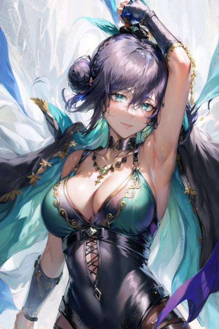 masterpiece, best quality, 1girl, bangs, bare_shoulders, black_hair, blue_background, big breasts, cape, cleavage, collarbone,green dress, gloves, gradient, gradient_background, hair_bun, hair_ornament, hair_stick, jewelry, mole, necklace, smile, solo, thighhighs,upper body, arms behind back <lora:LP-000016:0.8>,paint,watercolor, <lora:Starry:0.3>