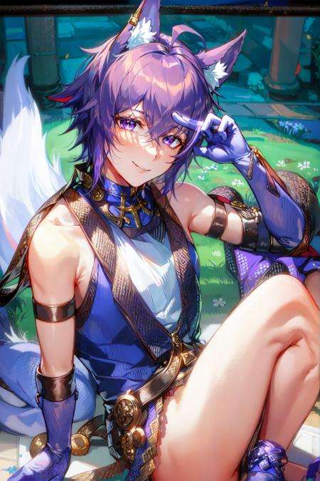 masterpiece, best quality, 1boy,smile,purple eyes,fox ears,gloves, <lora:LP:0.8>