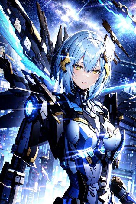 solo,masterpiece, best quality, girl,medium breasts, sliver hair,blue hair,mixcolored hair,machinery,machine wings,machinery girl,expressionless,upper body,yellow eyes,blue armor,cloud, colorful,short_hair, sky, solo, <lora:JW:0.6>,starry,strry light,night,