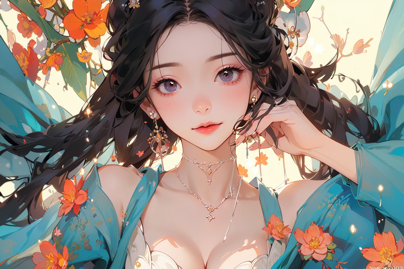 nsfw,(Masterpiece:1.2, high quality), (pixiv:1.4),Eyebrows like willow leaves, ,The face is as beautiful as a flower, the eyes are tender. Small waist, big breasts, revealing cleavage; Lips slightly open, seductive expression. <lora:Chinese style_20230608163116-000018:0.8>