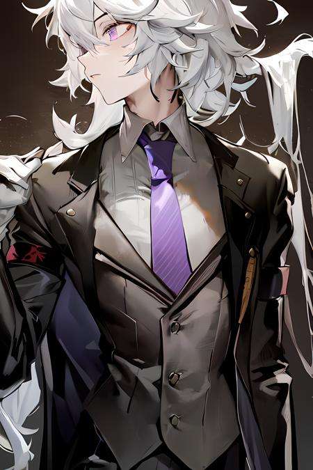 masterpiece, best quality, 1boy, armband, black_background, black_gloves, gloves, male_focus, necktie, purple_eyes, shirt, simple_background, solo, upper_body, white_hair