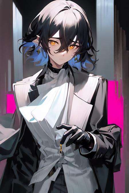 masterpiece, best quality, 1boy, bangs,black_hair, earrings, eyebrows_visible_through_hair, formal, gloves, grey_background, hair_between_eyes, jacket, jewelry, long_sleeves, male_focus, shirt, short_hair, simple_background, solo, suit, yellow_eyes