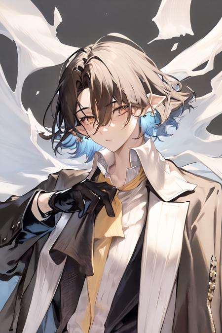 masterpiece, best quality, 1boy, bangs,black_hair, earrings, eyebrows_visible_through_hair, formal, gloves, grey_background, hair_between_eyes, jacket, jewelry, long_sleeves, male_focus, shirt, short_hair, simple_background, solo, suit, yellow_eyes