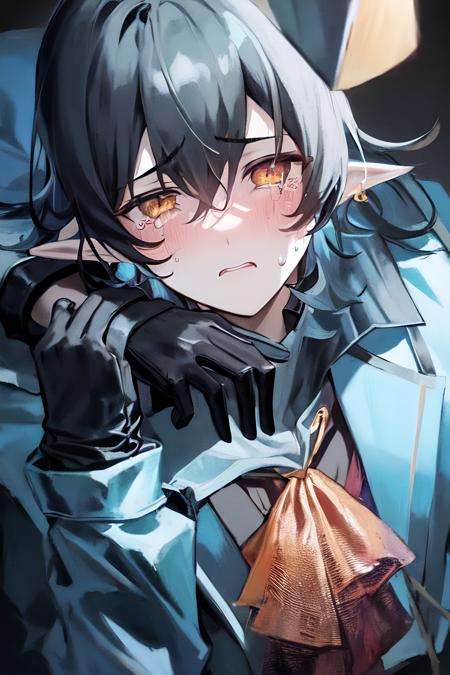 masterpiece, best quality, 1boy, black_gloves, black_hair, blush, crying, crying_with_eyes_open, gloves, jacket, long_sleeves, male_focus, pointy_ears, simple_background, solo, tears, yellow_eyes