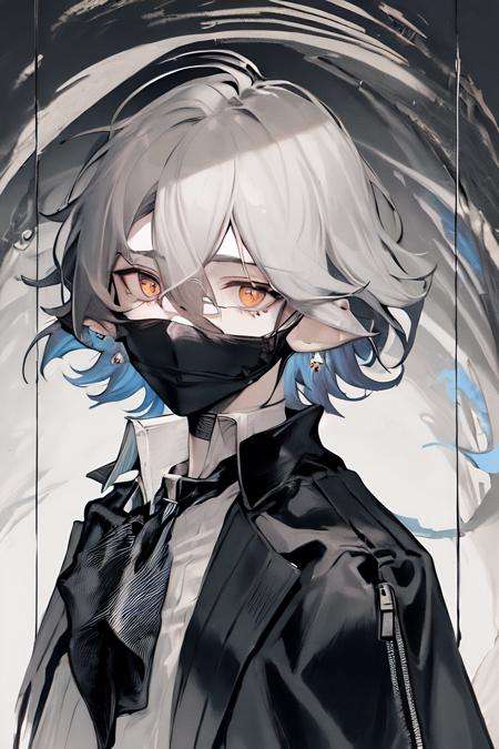 masterpiece, best quality, 1boy, bangs,black_hair, earrings, eyebrows_visible_through_hair, formal, gloves, grey_background, hair_between_eyes, jacket, jewelry, long_sleeves, male_focus, shirt, short_hair, simple_background, solo, suit, yellow_eyes