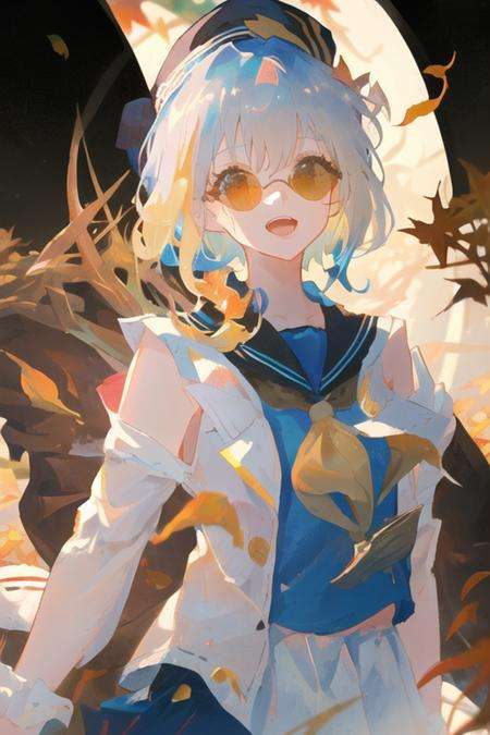 masterpiece, best quality, 1girl, autumn_leaves, blue_hair, blurry, blurry_foreground, depth_of_field, hat, leaf, looking_at_viewer, maple_leaf, open_mouth, outdoors, sailor_collar, shirt, short_hair, sleeveless,solo, starfish, sunglasses, tree, sunglass,blonde eyes