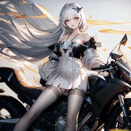 masterpiece,best quality, 1girl,motorcycle, ass <lora:Motor:0.5>, bangs, bare_shoulders, black_legwear, closed_mouth, collarbone, dress, eyebrows_visible_through_hair, grey_eyes, hair_ornament, long_hair, looking_at_viewer, pantyhose, silver_hair, <lora:21:0.6>