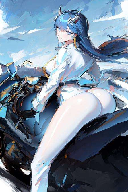 solo,masterpiece,best quality, 1girl,motorcycle,<lora:Motor:1>,(ass),riding,driving, black_gloves, blue_eyes, blue_hair, earrings, gloves, horns, jacket, jewelry, long_hair, long_sleeves,, necktie, official_alternate_costume,shirt, solo, white_shirt <lora:Ling:0.6>