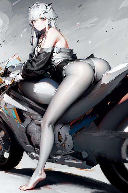 masterpiece,best quality, 1girl,motorcycle, ass ,barefoot,<lora:Motor:1>,riding,driving,bangs, bare_shoulders, black_legwear, closed_mouth, collarbone, dress,grey_eyes, hair_ornament, long_hair, looking_at_viewer, pantyhose, silver_hair, <lora:21:0.6>