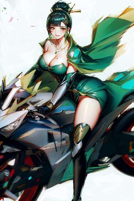 solo,masterpiece,best quality, 1girl,motorcycle,<lora:Motor:1>,(ass),riding,driving,bangs, bare_shoulders, black_hair, big breasts, cape, cleavage, collarbone,green dress, gloves, hair_bun, hair_ornament, hair_stick, jewelry, mole, necklace, smile, solo, thighhighs <lora:Hanying:0.6>
