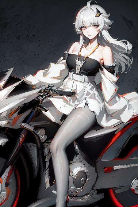 solo,masterpiece,best quality, 1girl,motorcycle,<lora:Motor:1>,riding,driving,bangs, bare_shoulders, black_legwear, closed_mouth, collarbone, dress,grey_eyes, hair_ornament, long_hair, looking_at_viewer, pantyhose, silver_hair, <lora:21:0.6>