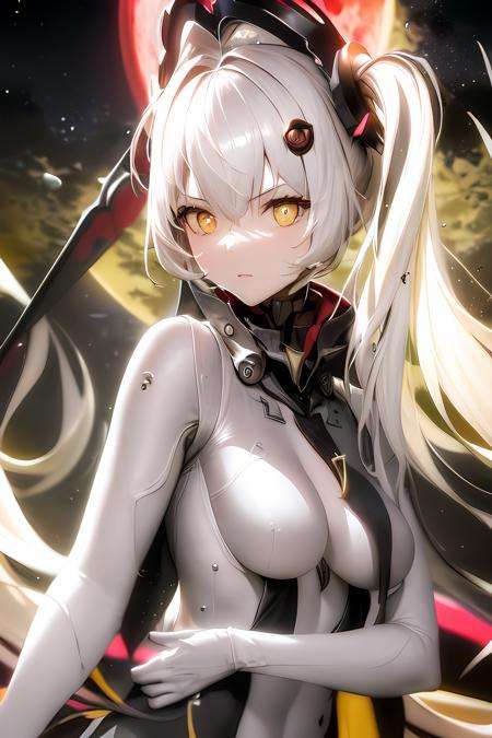 masterpiece, best quali,1girl, bangs, breasts, eyebrows_visible_through_hair, hair_ornament, light_particles, long_hair, looking_at_viewer, medium_breasts, red_background, red_moon, solo, space, star_\(sky\), starry_sky, twintails, very_long_hair, yellow_eyes,<lora:Luna:0.6>,