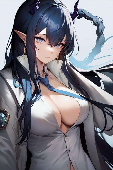 masterpiece, best quality, 1girl, bangs,purple eyes, blue_eyes, blue_hair, blue_necktie, braid, breasts,earrings, horns, jacket, jewelry, long_hair, long_sleeves, looking_at_viewer, necktie, official_alternate_costume, pointy_ears, shirt, solo, white_shirt,upper body,[nsfw]