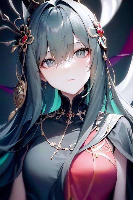 masterpiece, best quality, 1girl, bangs, close-up, closed_mouth, eyebrows_visible_through_hair, green_hair, grey_background, grey_eyes, hair_between_eyes, hair_ornament, long_hair, looking_at_viewer, multicolored_hair, portrait, simple_background, solo,jewelry