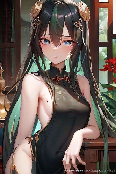 masterpiece, best quality, 1girl, black_hair, blue_eyes,small breasts, chinese_clothes, gradient, green_hair, hair_between_eyes, hair_ornament, long_hair, looking_at_viewer, mole, parted_lips, solo, upper_body, watermark, web_address,closed mouth, 