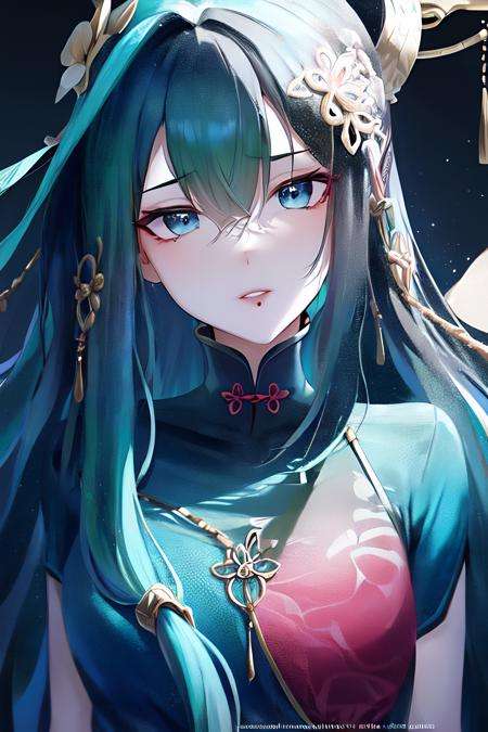 masterpiece, best quality, 1girl, black_hair, blue_eyes, chinese_clothes, gradient, gradient_background, green_hair, hair_between_eyes, hair_ornament, long_hair, looking_at_viewer, mole, parted_lips, solo, upper_body, watermark, web_address