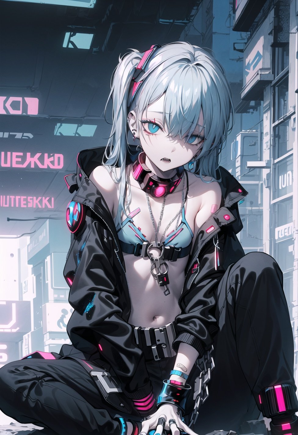 (best quality), (masterpiece), incredibly_absurdres, highly detailed, refined rendering, illustration, (highres),sketch, sharp touch,double exposure, limited color,hyper detailed eyes, empty eyes, hyper detailed, original, cinematic angle, black theme, night,selfiemirror, 1girl, small_breasts, shaded face, beautiful detailed face, black eye makeup, beautiful detailed eyes, blue eyes, black furrows under the eyes, (blue cyberpunk clothing:1.8), cross ribbon, buckle belt, exquisite clothes, twintails, (white hair), multicolored hair, ringlets, Band-aid, earring, Neck Ring, (hair ribbon),fusion of nsfw and midnight, black, moon light, winter midnight,[abstract], hyper quality illustration,with collar and chain, (pulled tight long chain leash from collar as lead strap),fusion of nsfw and midnight, so fucking cool!,(sitting on the stone:1.3),flat chest,