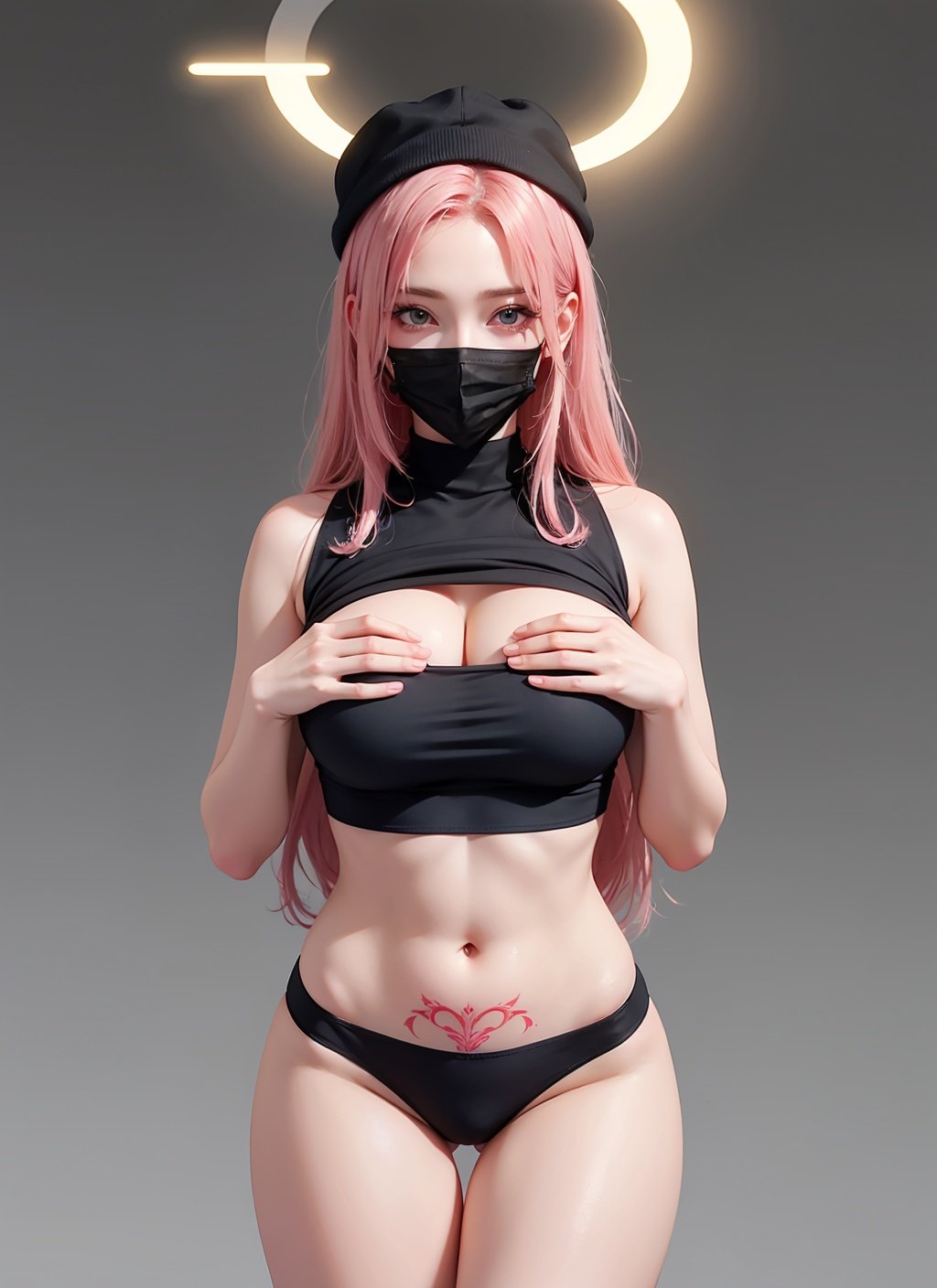 womb tattoo, pubic tattoo, mask, navel piercing, long hair, lifted by self, sweat, solo, underwear, black shirt, 1girl, crop top, sleeveless, white background, black headwear, black panties, yoga pants,very long hair, bare shoulders, sleeveless shirt, underboob, mouth mask, blue eyes, shirt, panties, stomach, clothes lift, navel, shirt lift, cowboy shot, looking at viewer, large breasts, black mask, partially visible vulva, colored inner hair, halo, pink hair,blonde hair ,blue hair , multicolored hair, simple background, tattoo, black hair