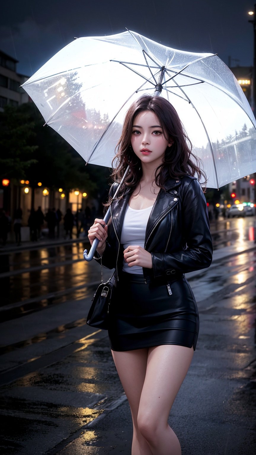 (8k, RAW photo, best quality, Masterpiece :1.2),(Realistic, Photo realistic :1.37),1 girl,cute,cityscape,night,rain,(holding an umbrella),professional lighting,photon mapping,radiation,physics-based rendering,whole body,thighs,legs together,